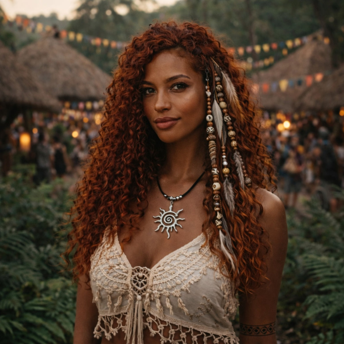 Bohemian woman wearing a silver spiral sun pendant and beaded feather hair adornment at an outdoor festival.