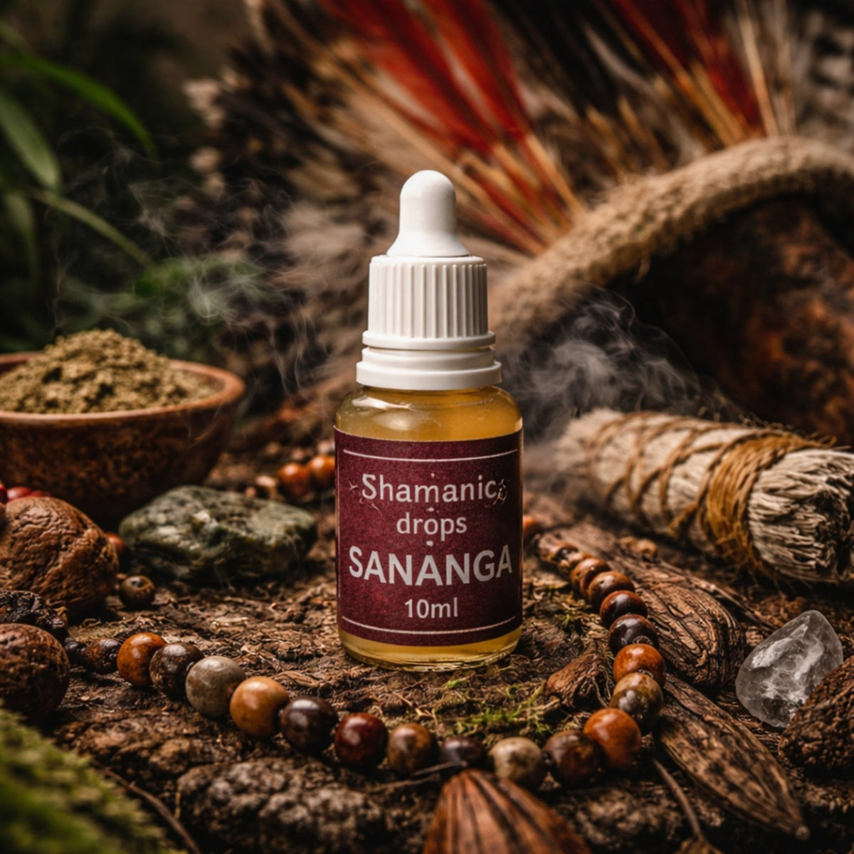 Shamanic Dream Sananga 10 ml dropper bottle with wooden beads, herbs and a crystal on a forest-inspired altar.