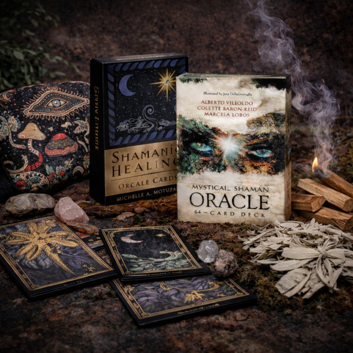 Oracle card decks, illustrated cards, crystals, sage and palo santo arranged on an earthy ritual altar.