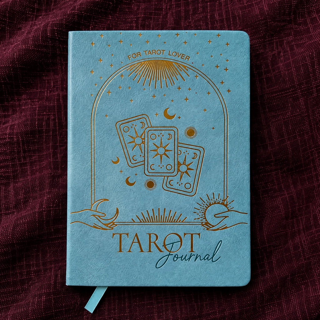 Tarot journal notebook blue cover with gold tarot design A5 format