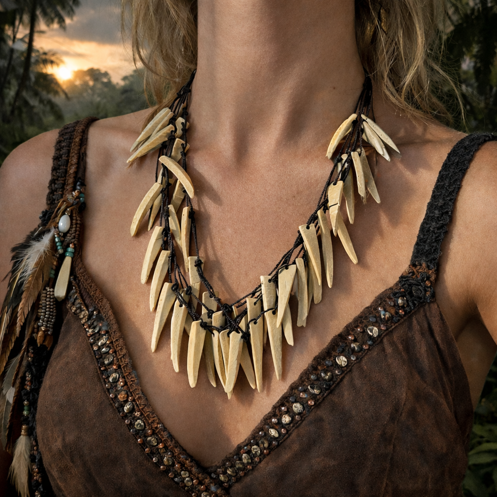 Boho tribal wooden statement necklace