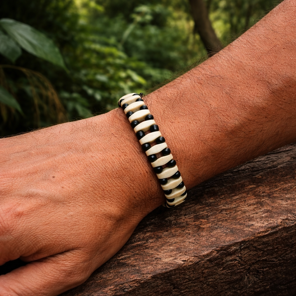 Handmade tribal bead bracelet worn on wrist