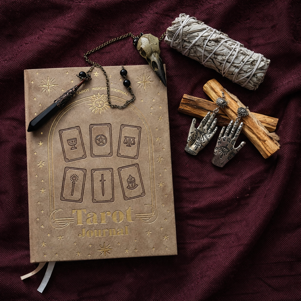 Tarot journal notebook beige hardcover with embossed tarot symbols A5 format