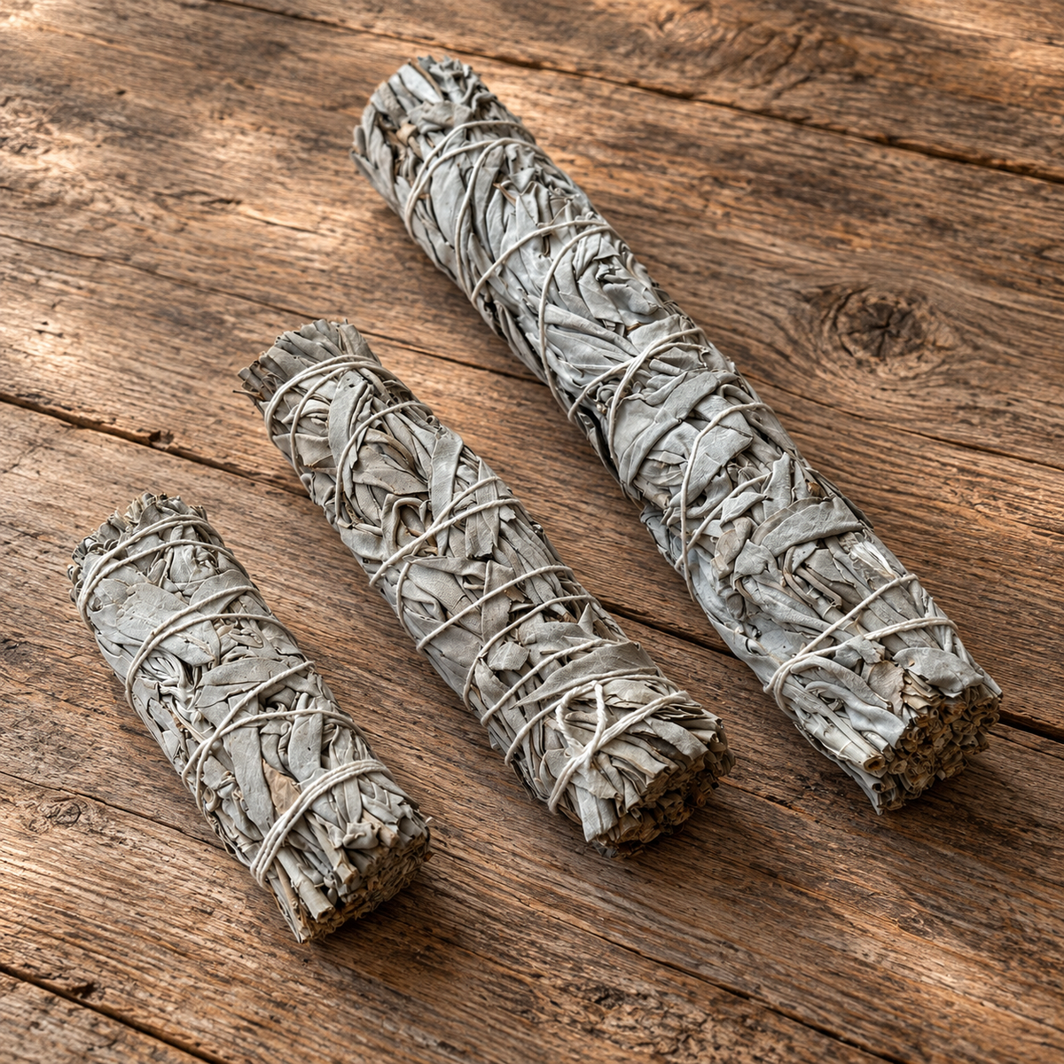 Three Natural white sage smudge bundles in different sizes on a rustic wooden surface