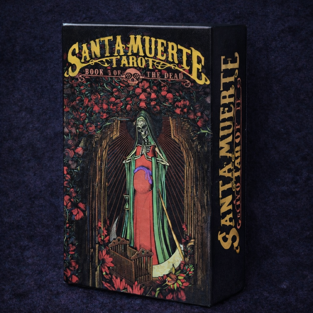 Santa Muerte Tarot Book of the Dead boxed 78-card tarot deck by Fabio Listrani with dark floral and skeletal artwork.