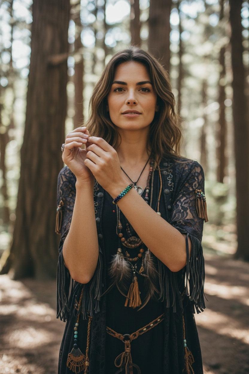 Seven Pathways shamanic chakra bracelet with multicolor chakra stones on earthy forest background