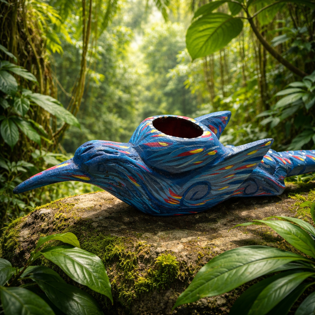 Reverse side of a handmade Amazon Hummingbird Pipe carved from Palo Sangre wood with blue, red and yellow painted details
