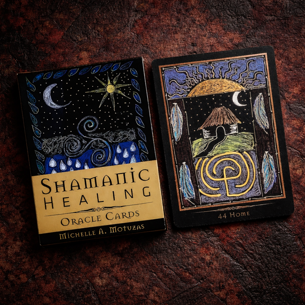 Amazonian Spirit Shamanic Oracle Cards by Michelle A. Motuzas box displayed with illustrated oracle cards