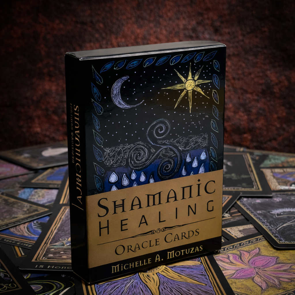 Amazonian Spirit Shamanic Oracle Cards box by Michelle A. Motuzas displayed beside the Home oracle card