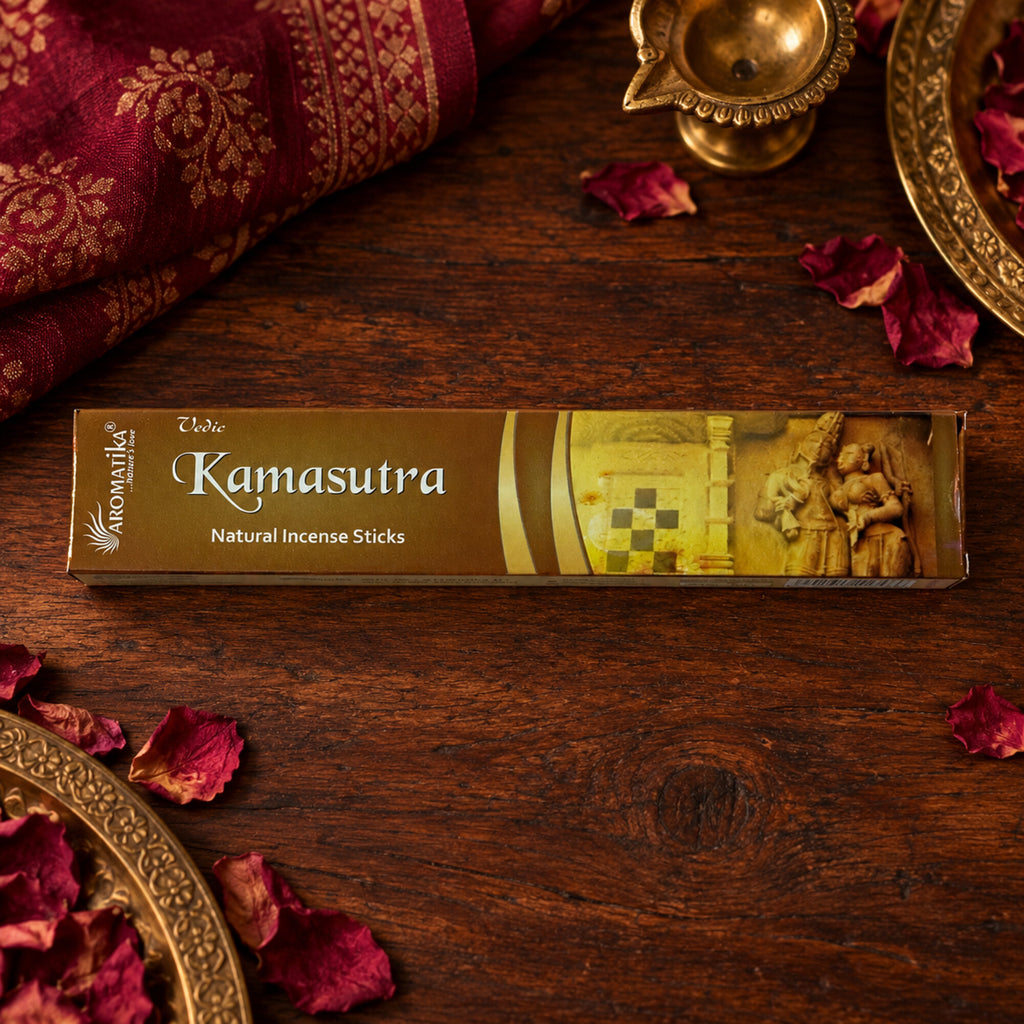 Aromatika Vedic Kamasutra natural incense sticks in gold packaging with Indian-inspired design