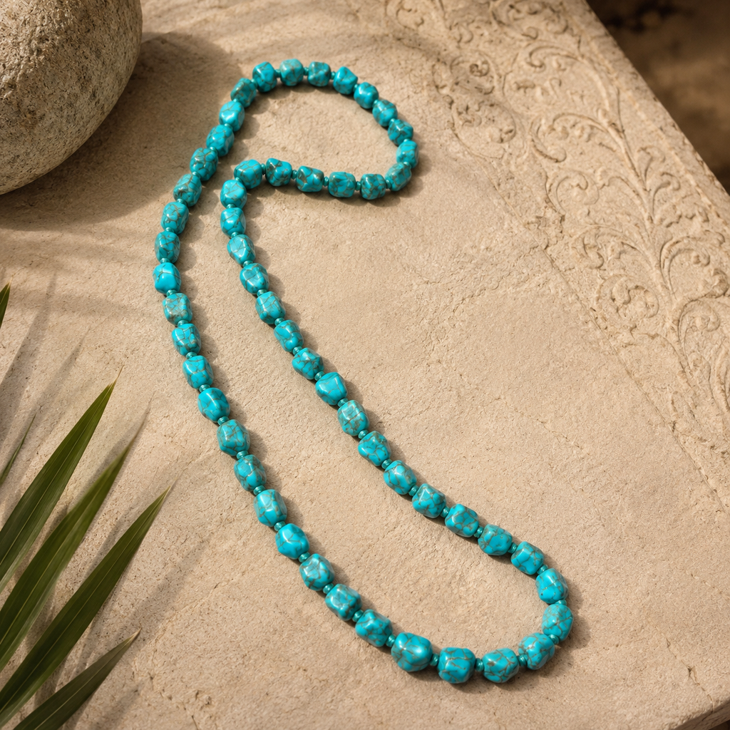 Handmade blue stone bead necklace displayed on a carved natural stone surface.