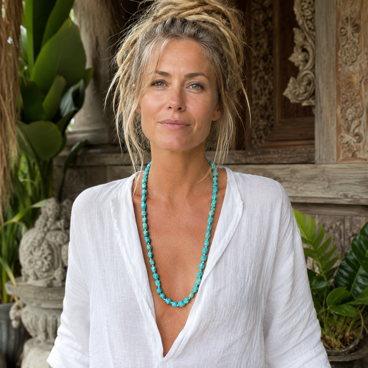 Woman wearing a handmade Bali-inspired blue stone bead necklace with a white linen blouse.