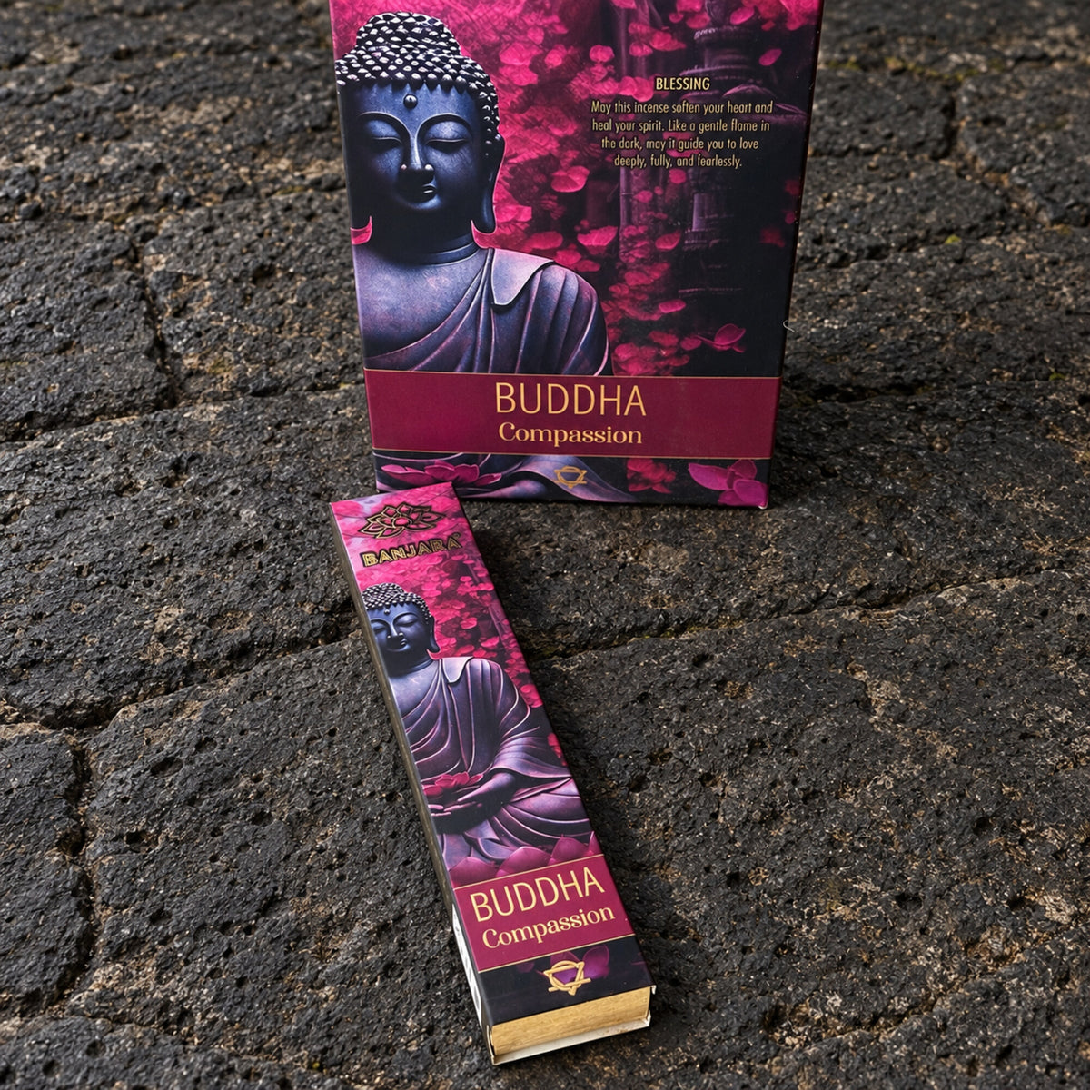 Banjara Buddha Compassion cinnamon incense sticks 15g in pink and black Buddha-inspired packaging