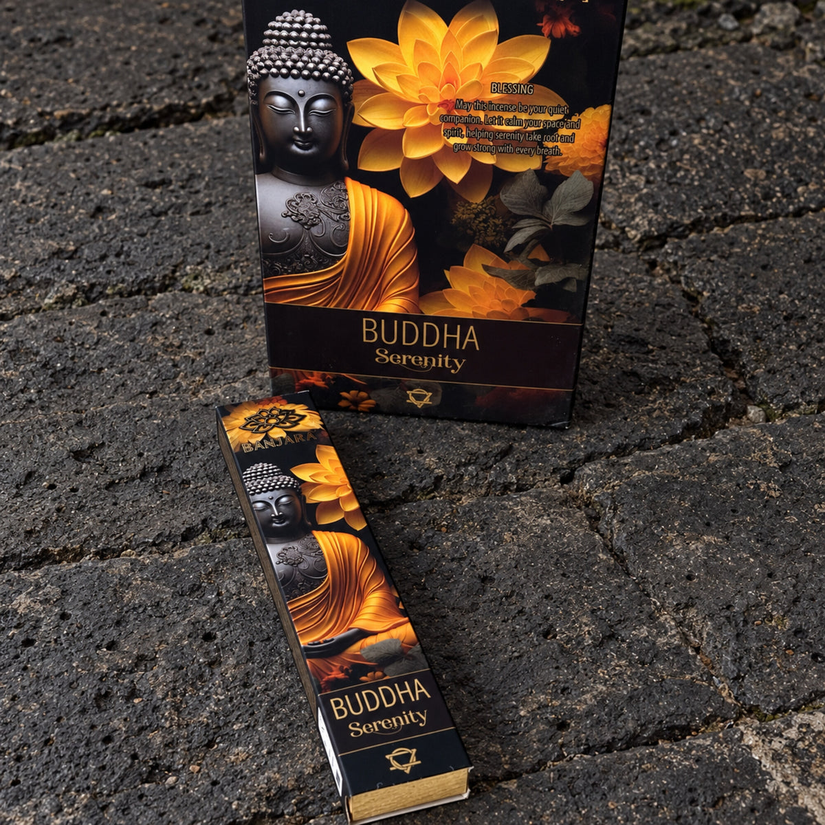 Banjara Buddha Serenity patchouli and clove incense 15g with black and gold Buddha packaging