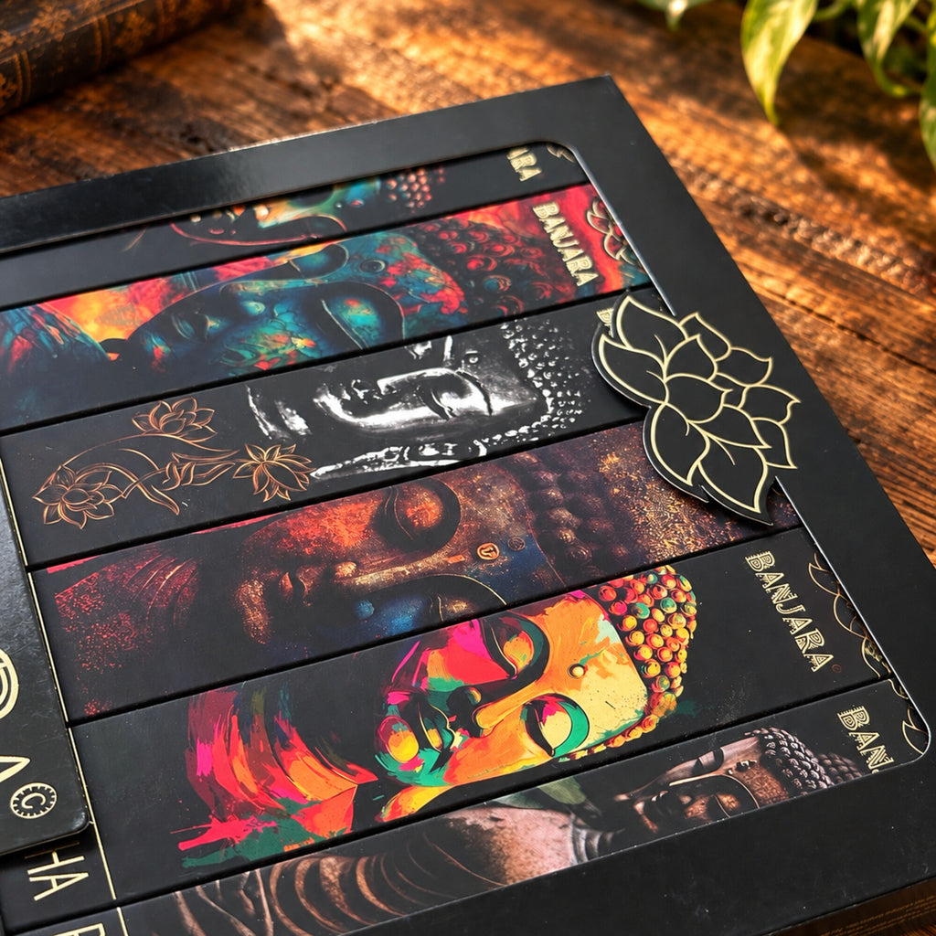 Close-up of Banjara Buddha incense collection featuring six colourful spiritual incense varieties