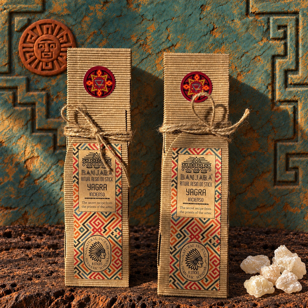 Banjara Yagra Ritual Resin on Stick incense packs displayed against an Aztec-inspired turquoise background.