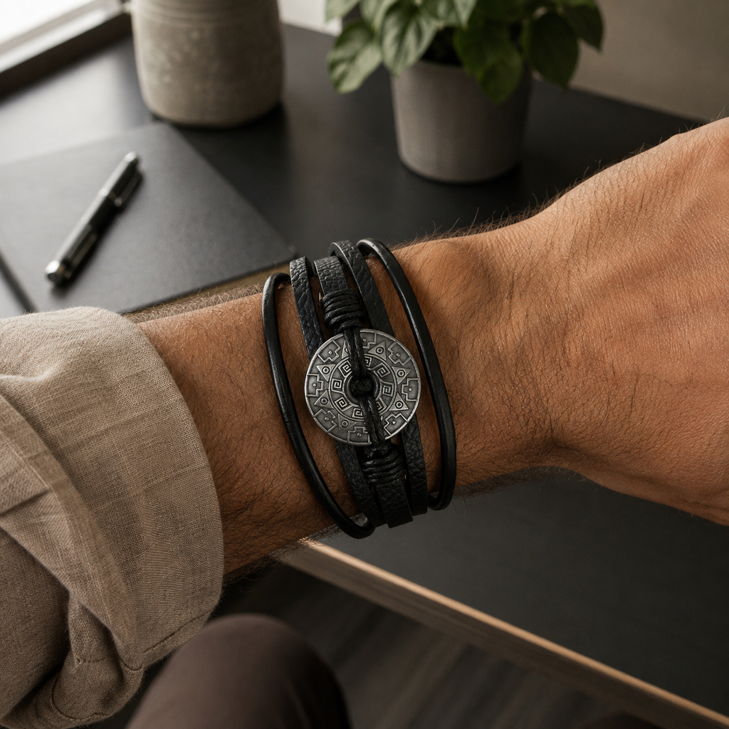 Black multi-strand geometric disc bracelet worn on wrist in a casual office setting.