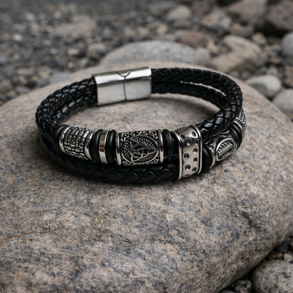Black braided bracelet with silver-tone Celtic knot details and a magnetic clasp