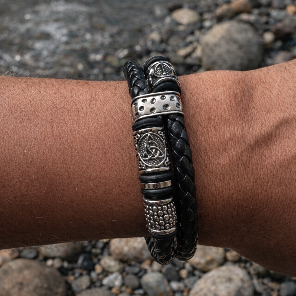 Wrist wearing a black braided bracelet with silver-tone Celtic knot and geometric details