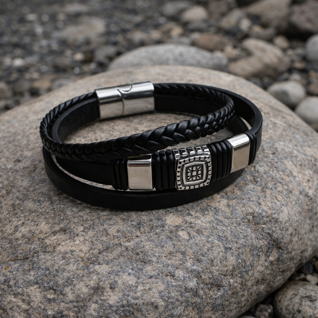 men’s bracelet black and brown layered wristband close up