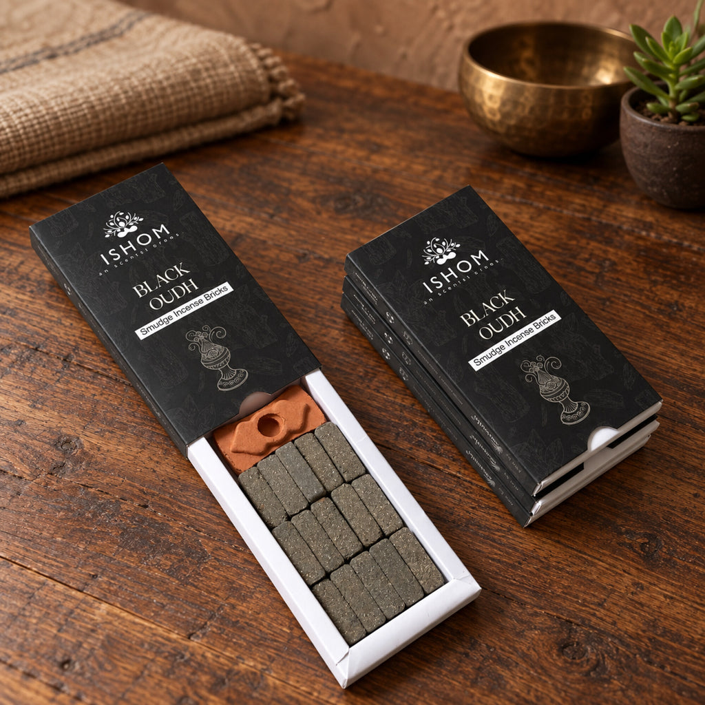 Open ISHOM Black Oudh incense box with 15 smudge bricks and burner