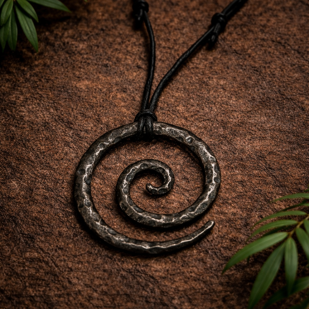 Close-up of a black textured spiral pendant necklace on an adjustable black cord