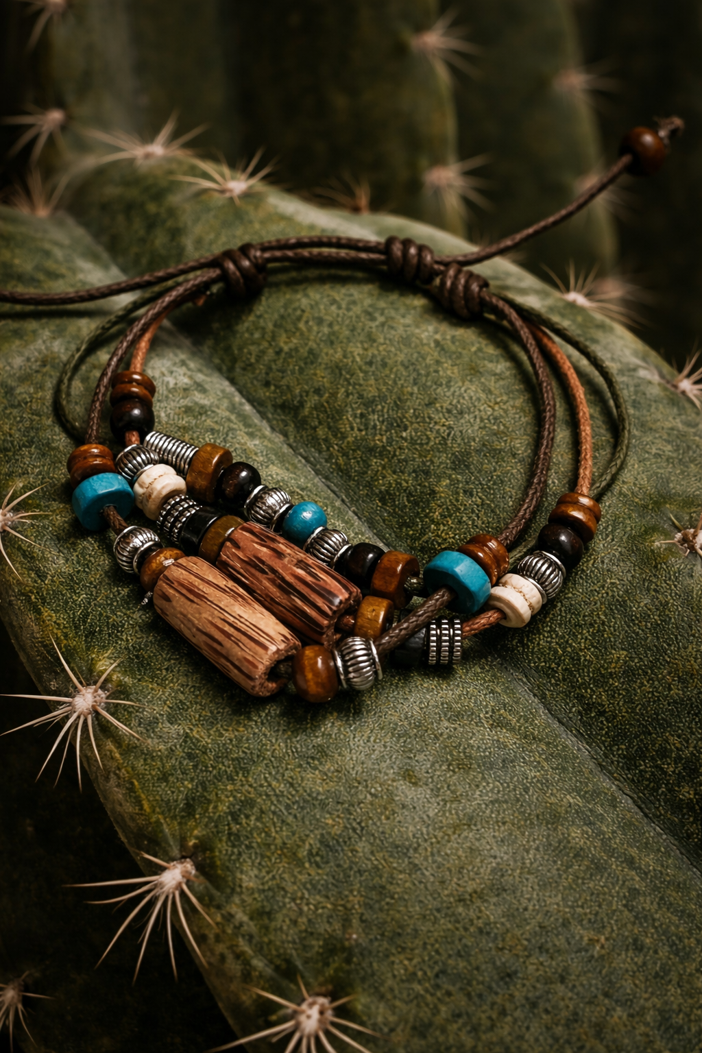 Close-up of a boho adjustable cord bead bracelet set with turquoise-look, brown and black beads.