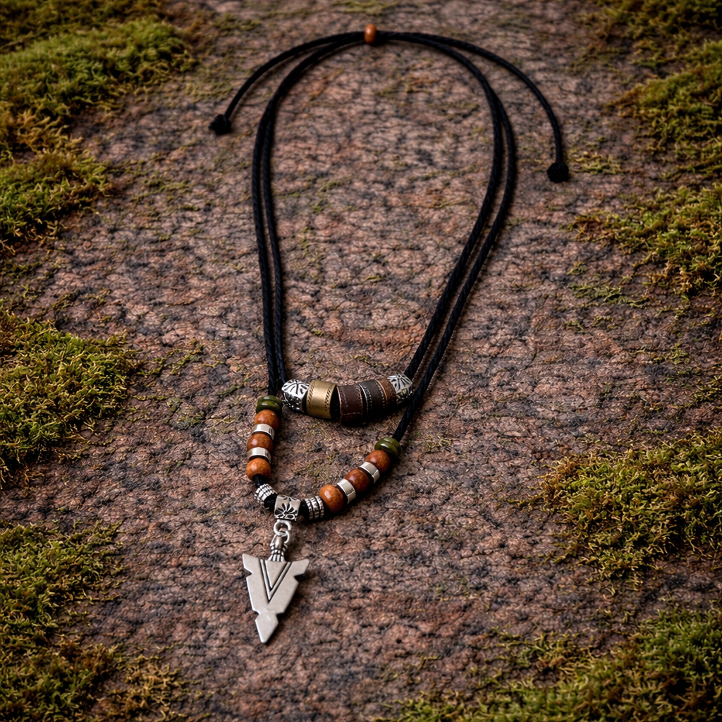 Boho arrowhead-style pendant necklace with brown and green beads on adjustable black cords