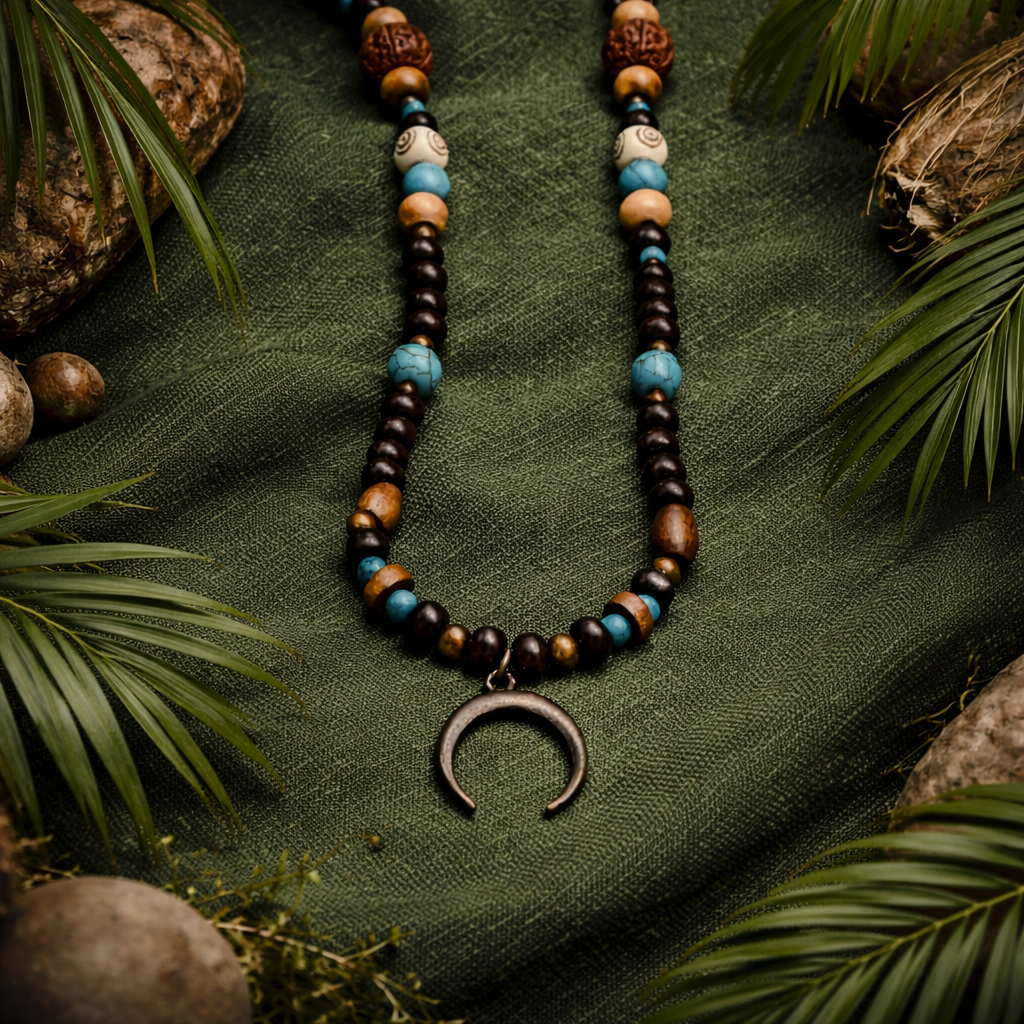 Close-up of a boho bead necklace with turquoise-coloured bead accents and a dark crescent pendant