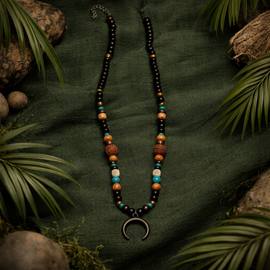 Long boho bead necklace with black, turquoise-coloured and brown beads, finished with a dark crescent pendant