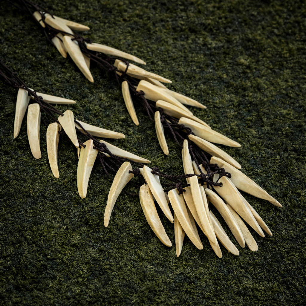Natural wood spike necklace close-up. Close-up of layered bone-look fang pendants on a dark cord necklace.