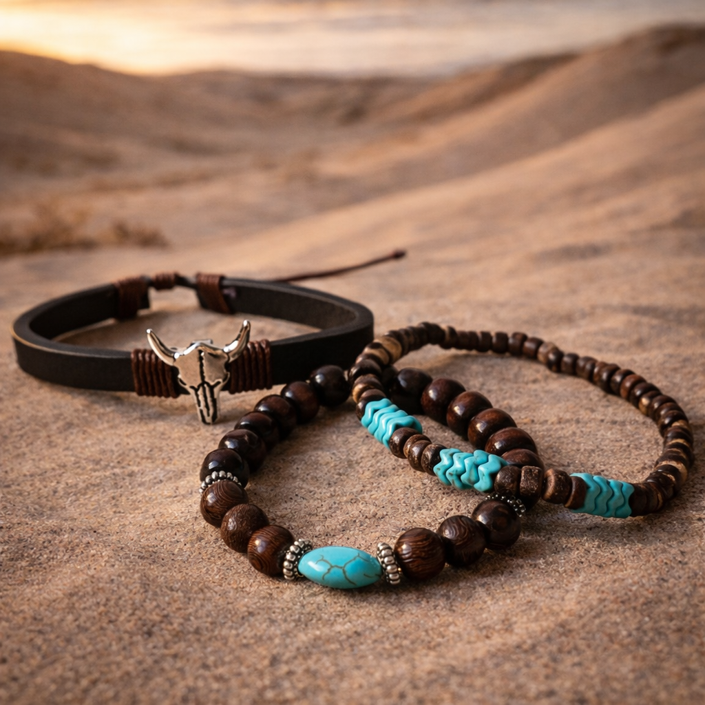 Boho bracelet set with a bull skull leather bracelet, dark brown beads and turquoise-look bead accents. Festival unisex wear