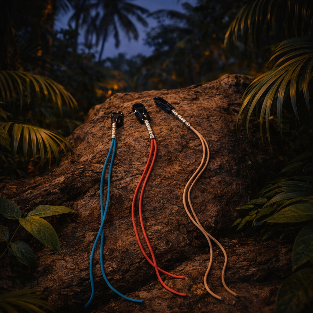 Three boho cord hair clip extensions in blue, red and beige with black clips and silver-tone details