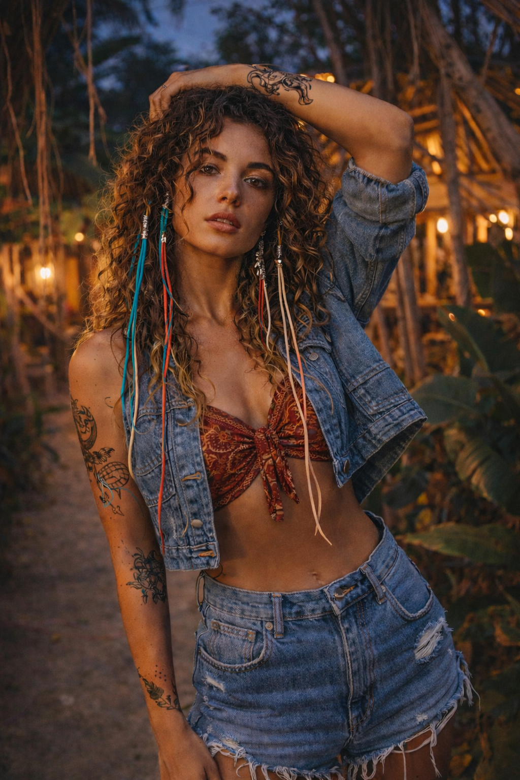 Model wearing long boho cord hair clip extensions in blue, red and beige with silver-tone details. Festival inspiration