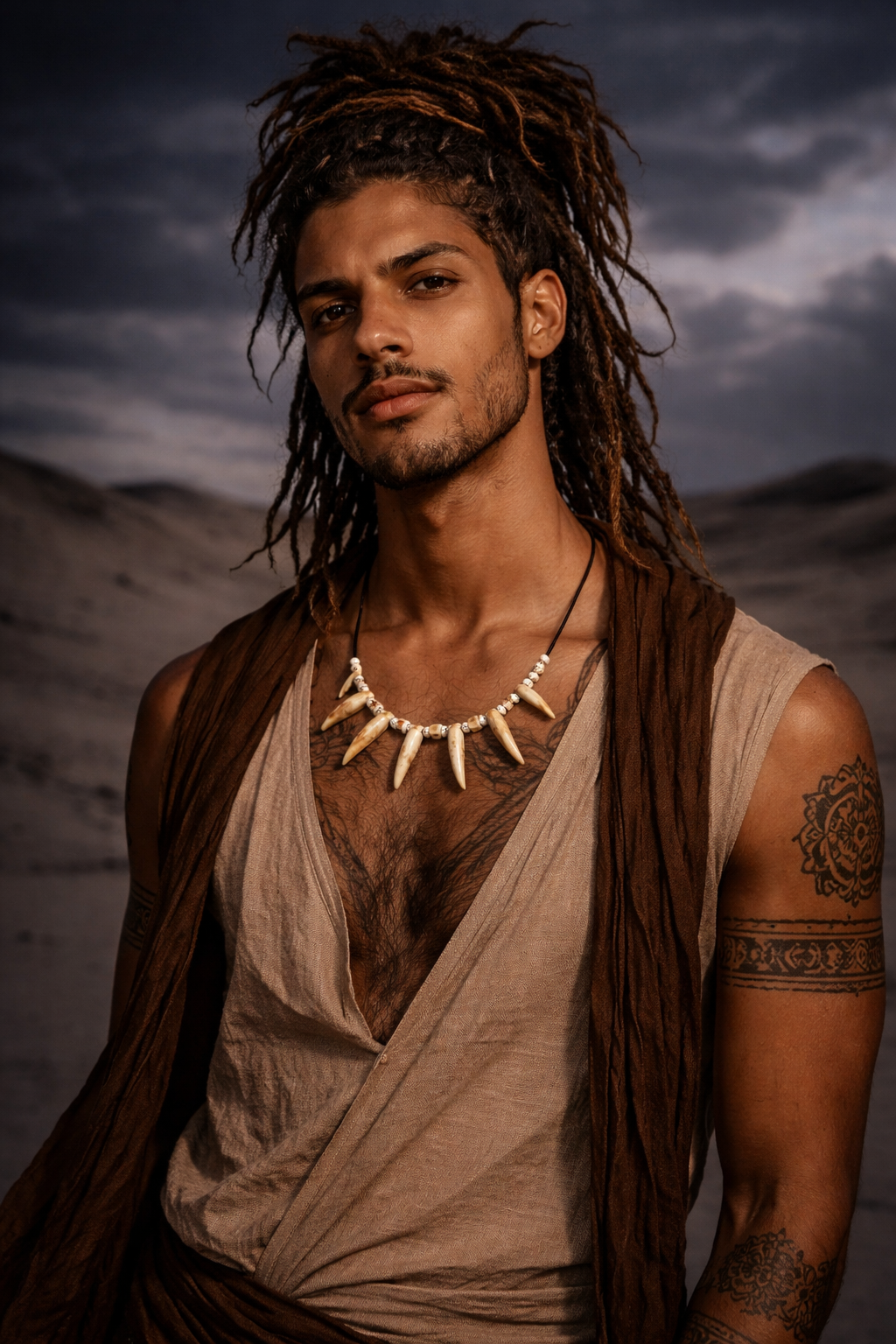 Model wearing a boho fang-look beaded necklace on a black cord. Festival ready to wear.