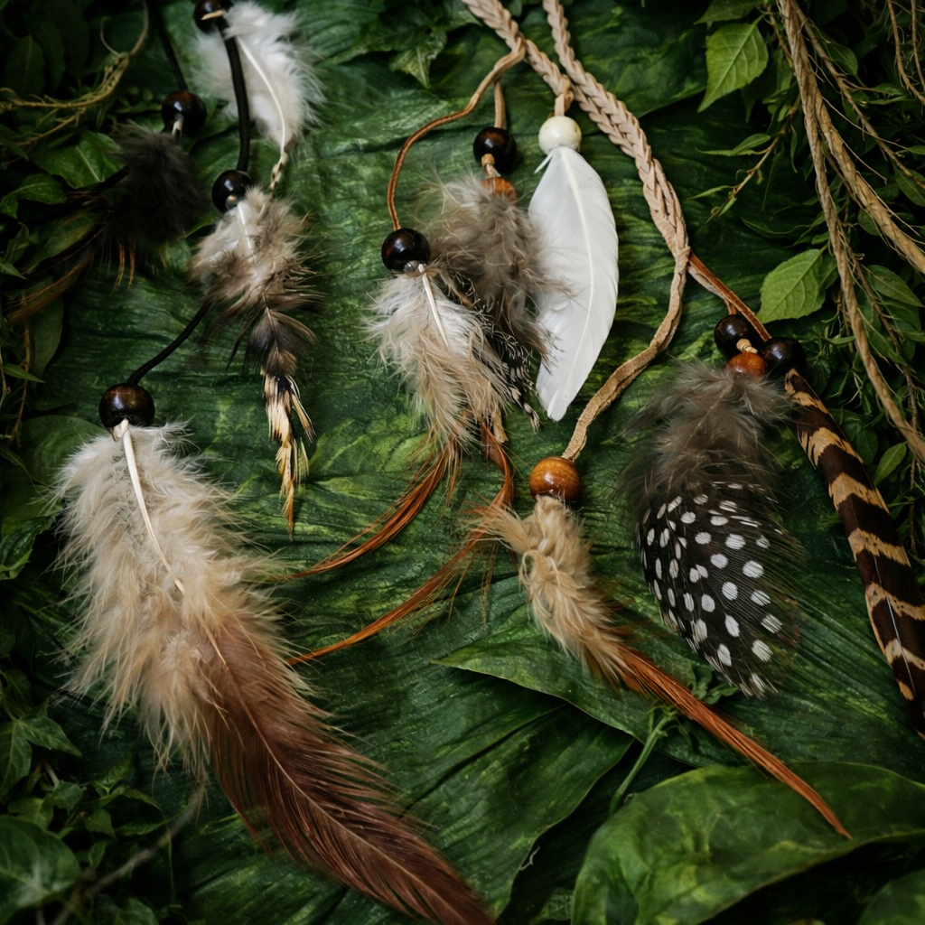 Boho feather hair clip extensions with dark beads, braided cords and mixed natural-colour feathers. 