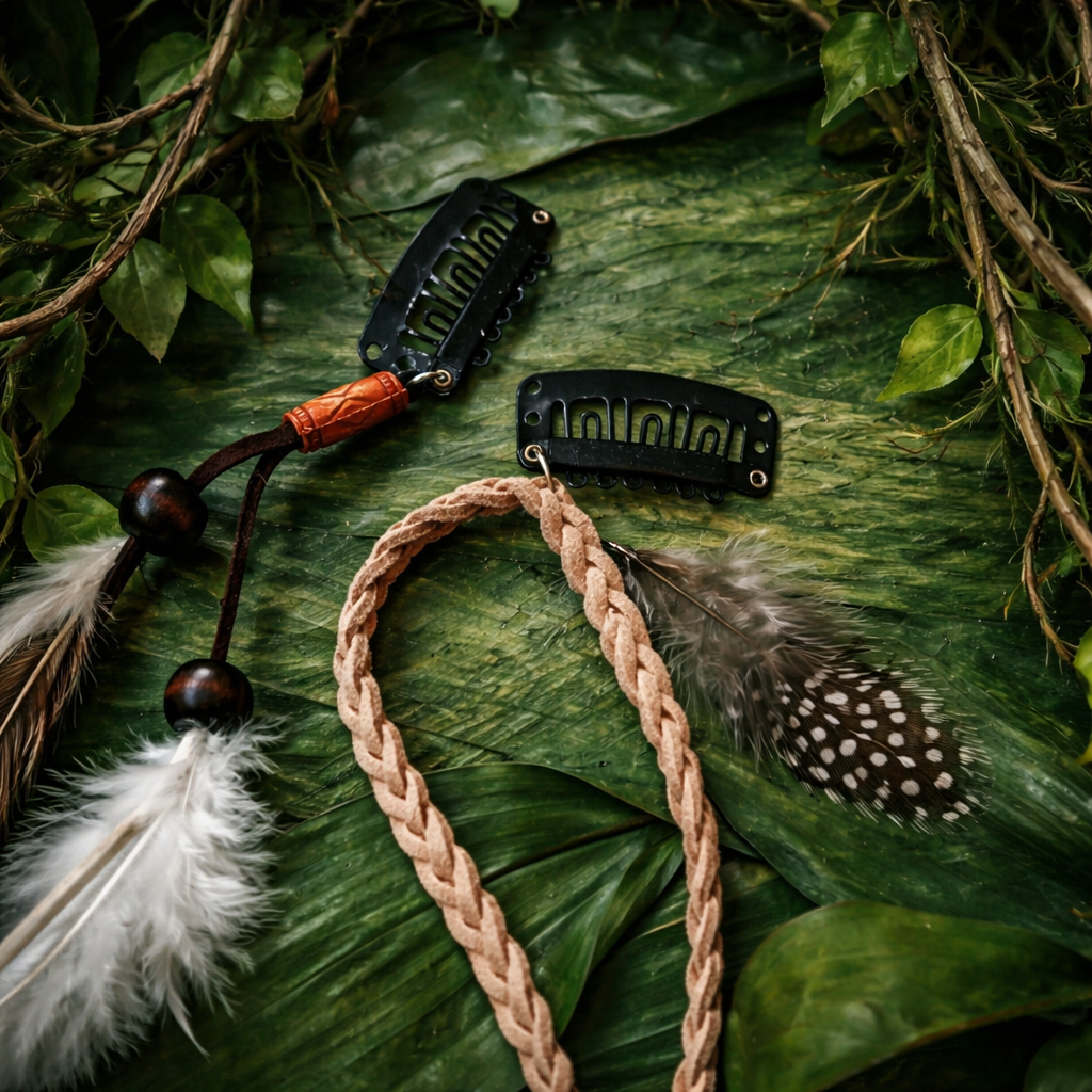 Close-up of black snap clips attached to boho feather hair extensions with cords and beads