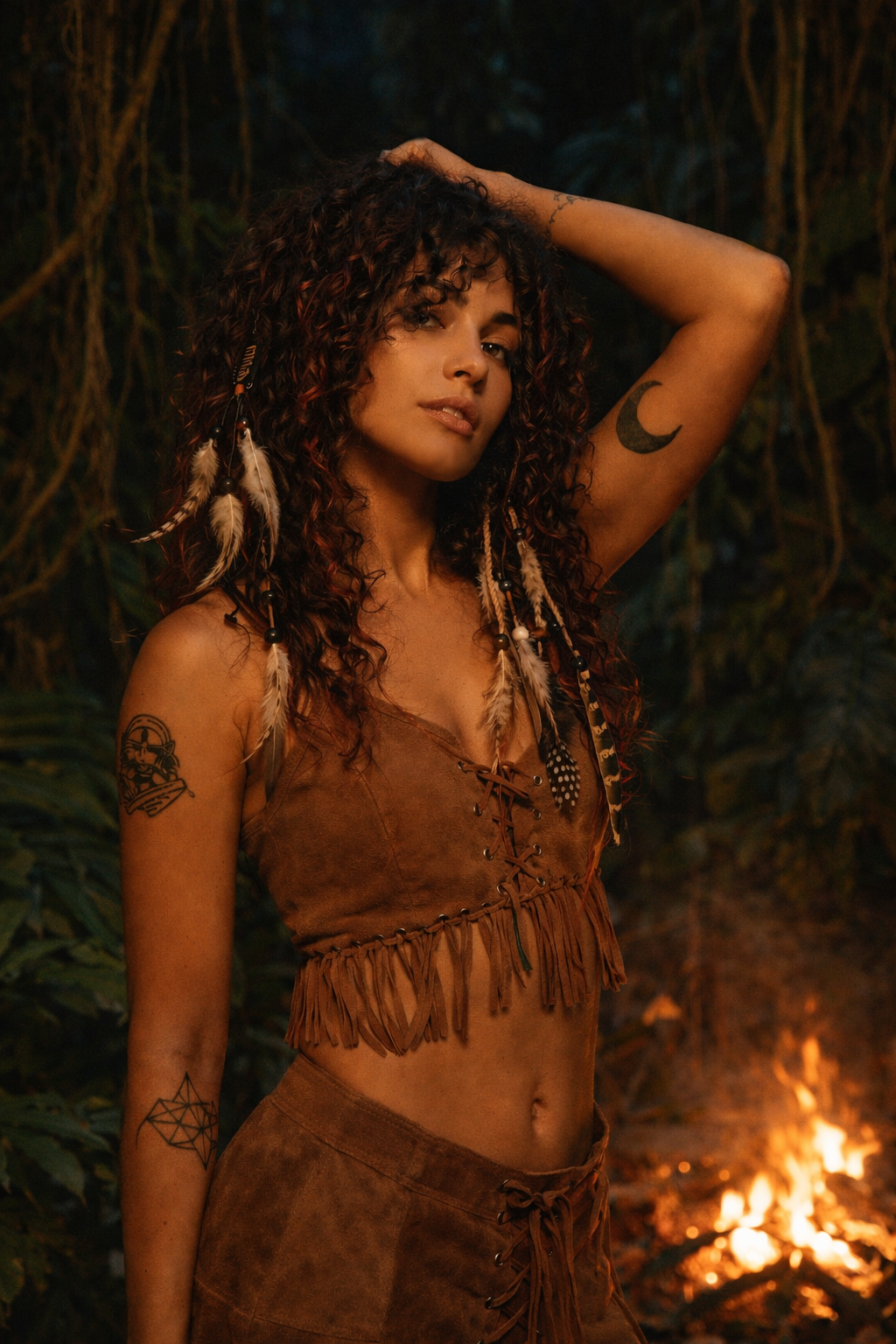 Model wearing boho feather hair clip extensions with beads and braided cords. Festival wear. 