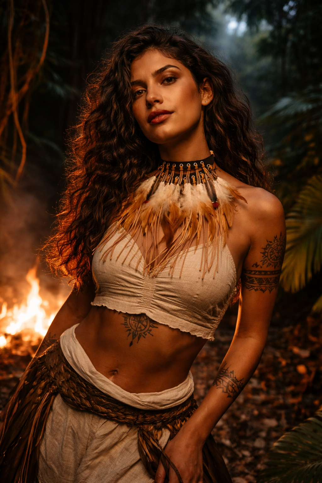 Model wearing a boho feather fringe statement necklace with tan cords and gold-tone details ready for a festival wear 