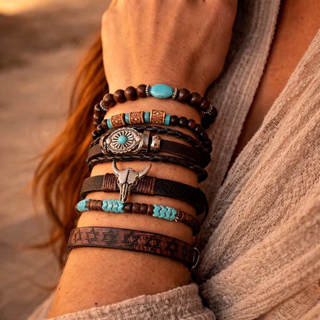 Close-up of a boho leather and bead bracelet stack with turquoise-look accents and mixed metal details. Festival unisex wear. 