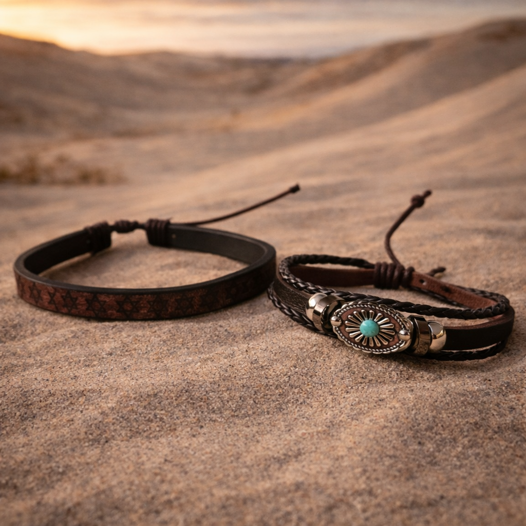 Pair of boho adjustable leather bracelets with a turquoise-look sun concho and a star-pattern band.Festival wear 
