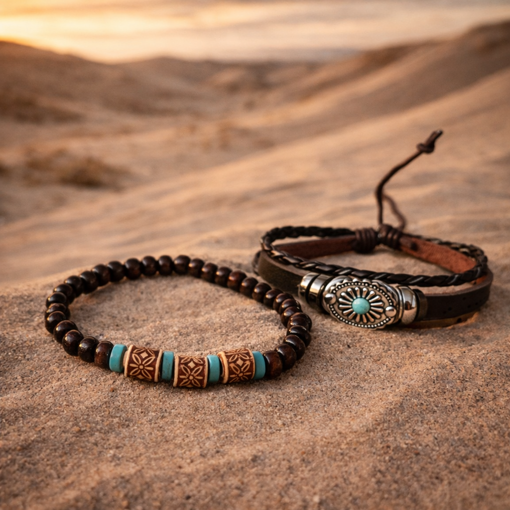 Boho leather and dark brown beaded bracelet set with turquoise-look accents and a silver-tone sun concho. Unisex festival wear