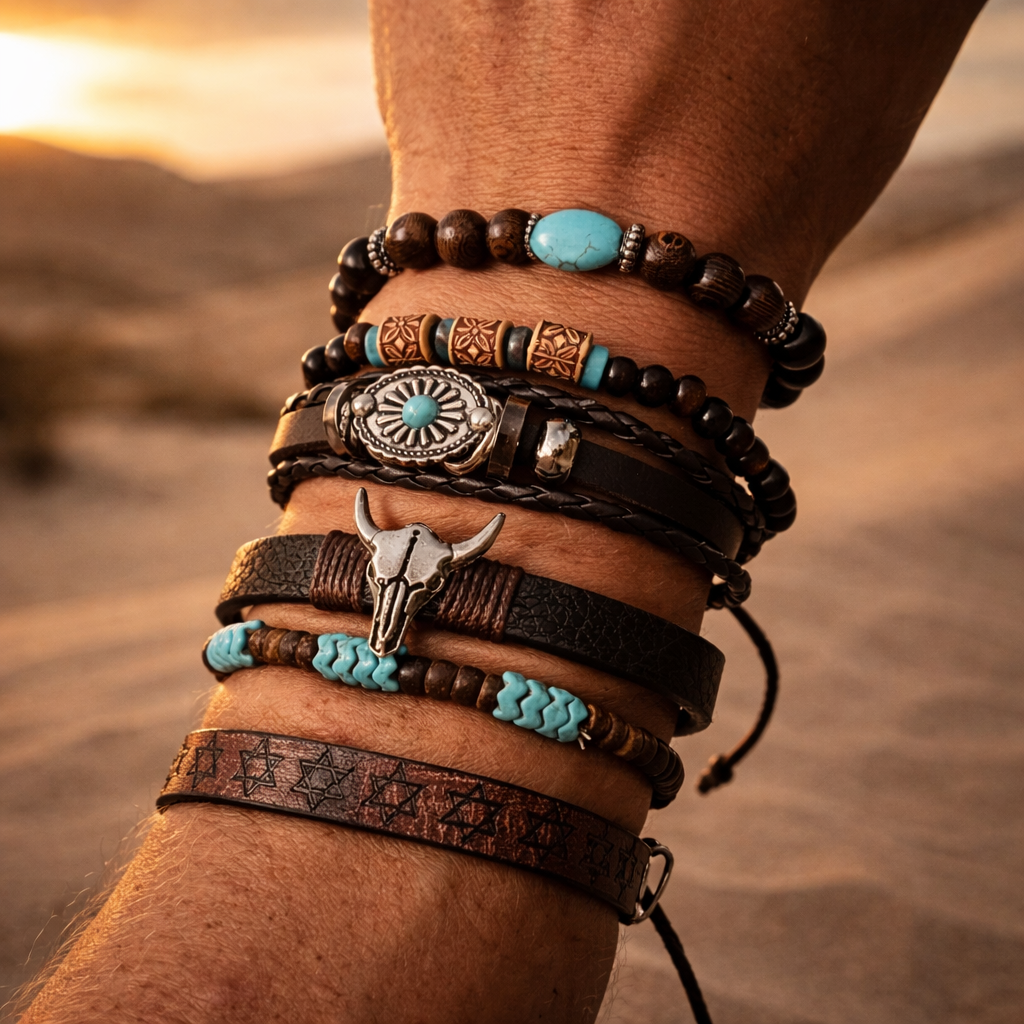 Wrist wearing a boho bracelet stack with leather bands, turquoise-look beads, a bull skull charm and silver-tone details suitable for festival wear unisex design 