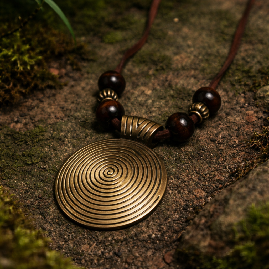 Close-up of an antique-gold-tone spiral disc pendant necklace with dark brown beads and a brown cord