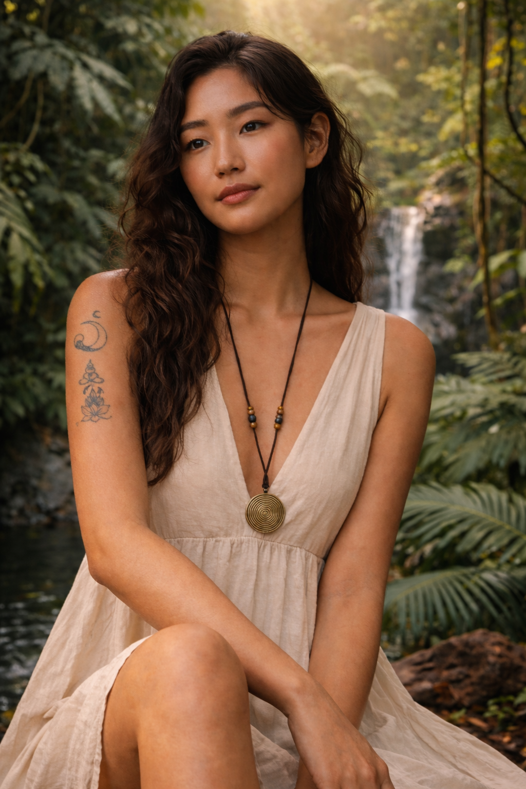 Model wearing a boho antique-gold-tone spiral disc pendant necklace with dark brown beads on a cord with a waterfall and Jungle background