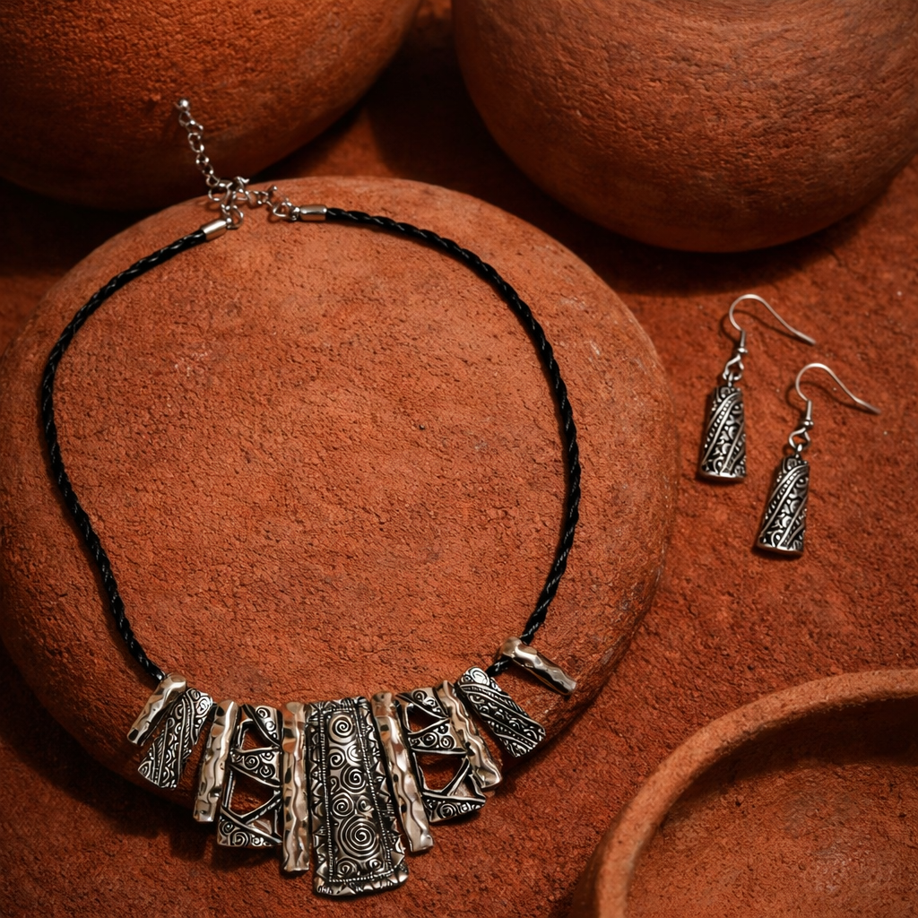 Matching boho statement necklace and geometric drop earring jewellery set with silver-tone patterned pendants on terracotta background