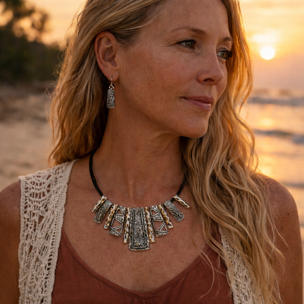 Close-up of a model wearing a boho statement necklace and matching drop earrings with silver-tone spiral and geometric pendants in Bali beach background