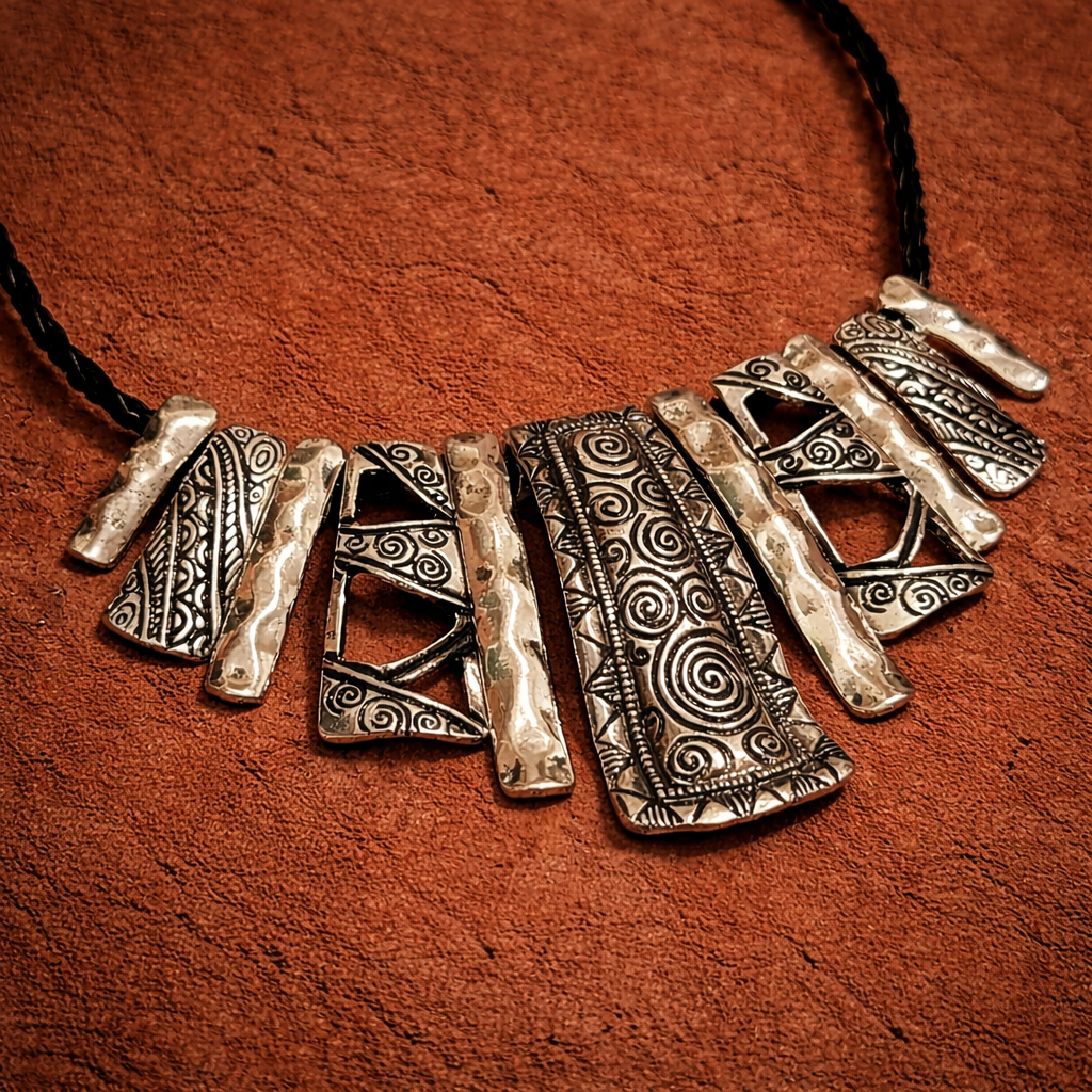 Close-up of a boho statement necklace with silver-tone spiral and geometric pendants on a black braided cord on a terracotta background