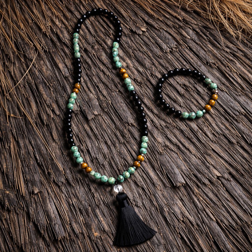 Boho bead necklace and matching bracelet set with black obsidian-look, African turquoise-look and tiger’s-eye-look beads and a black tassel.