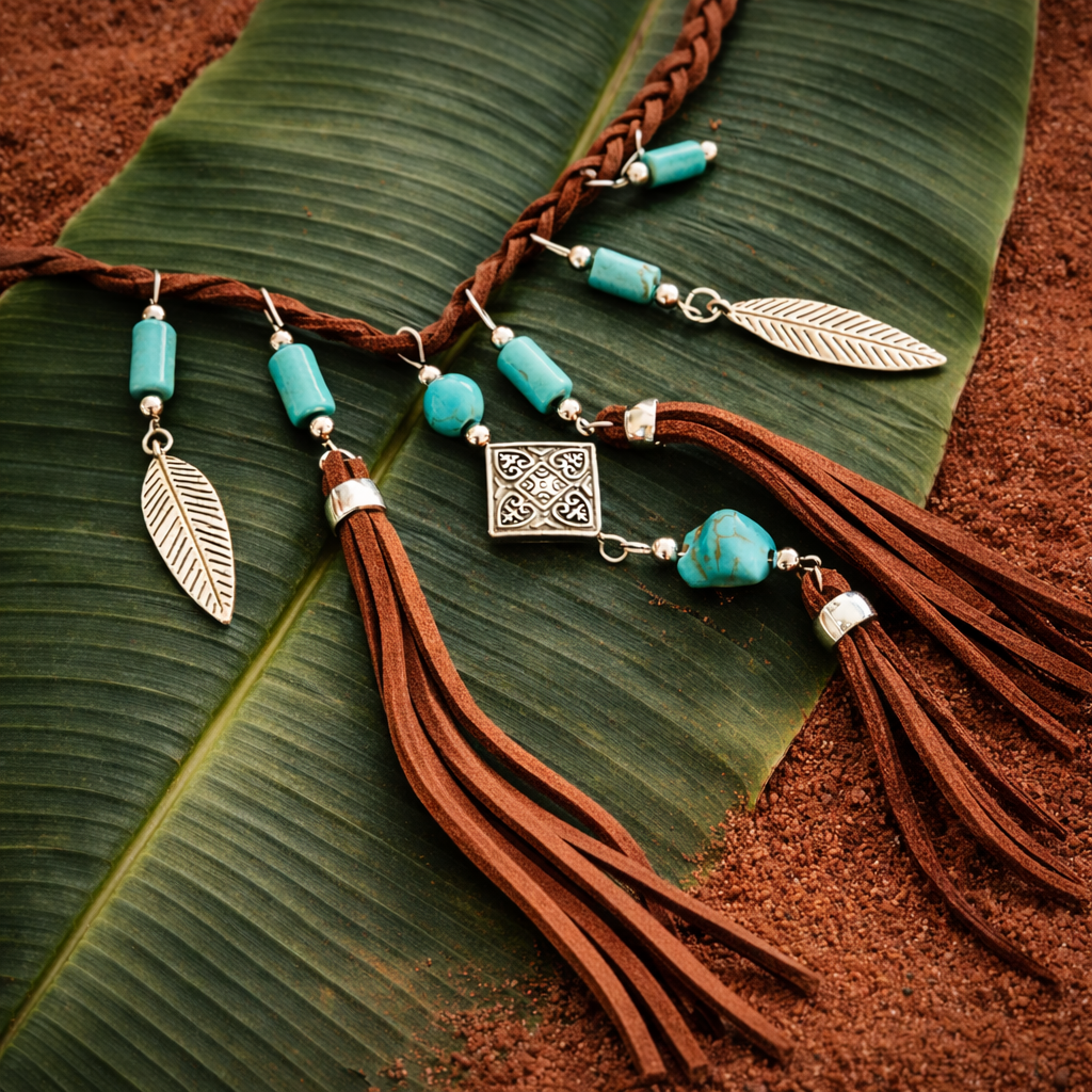 Close-up of the centre of a boho tassel necklace with turquoise-look beads, silver-tone charms and brown tassels